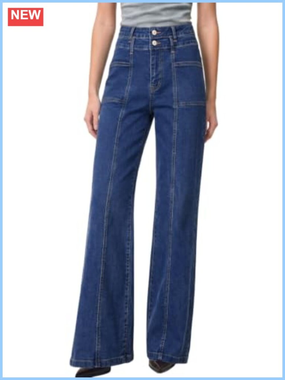 Women's High Waisted Wide Leg Jeans Double Button Stretch Denim Pants